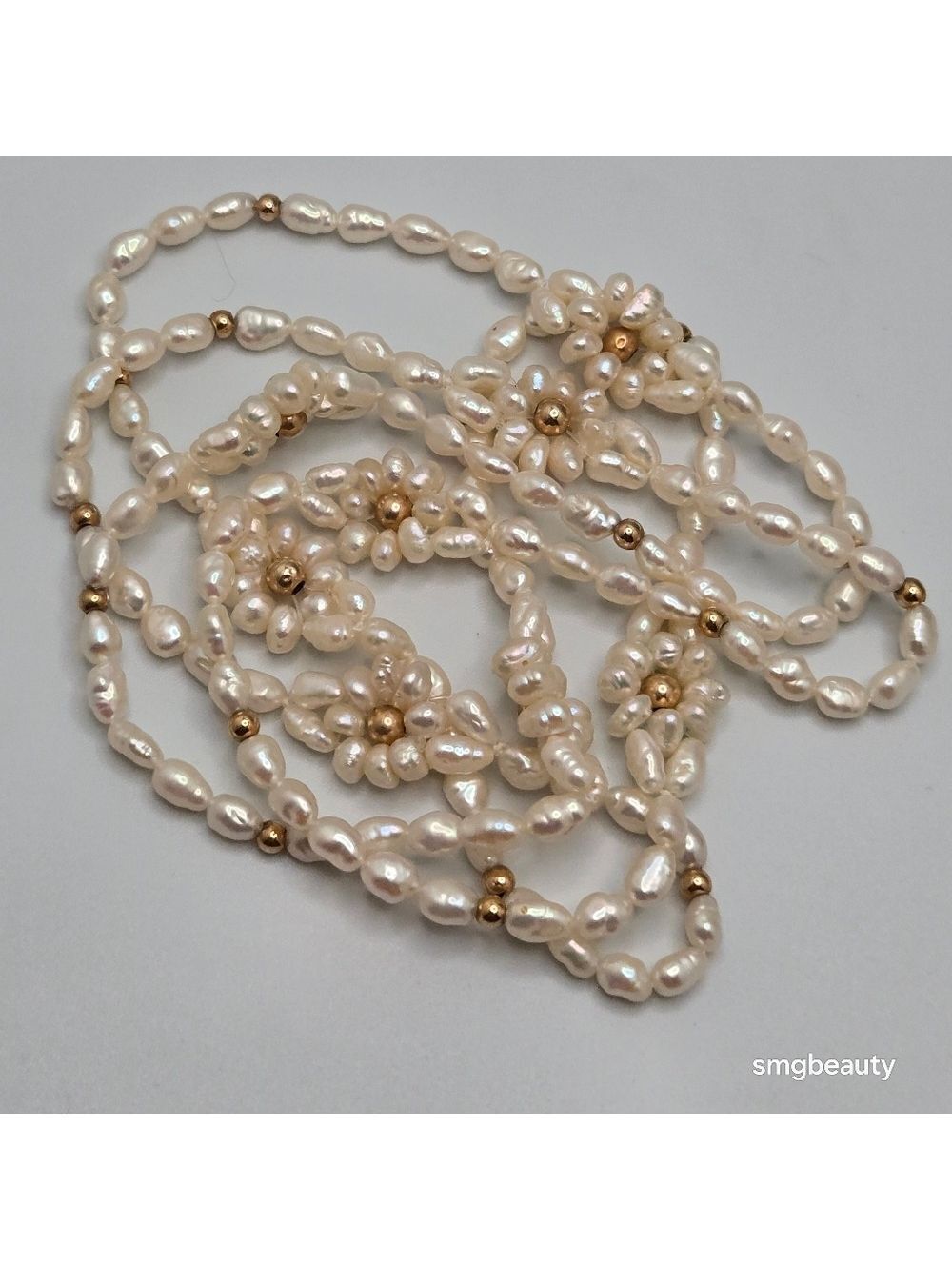 14 K Baroque Freshwater Pearl Necklace Gold Beads Floral Accents 34"